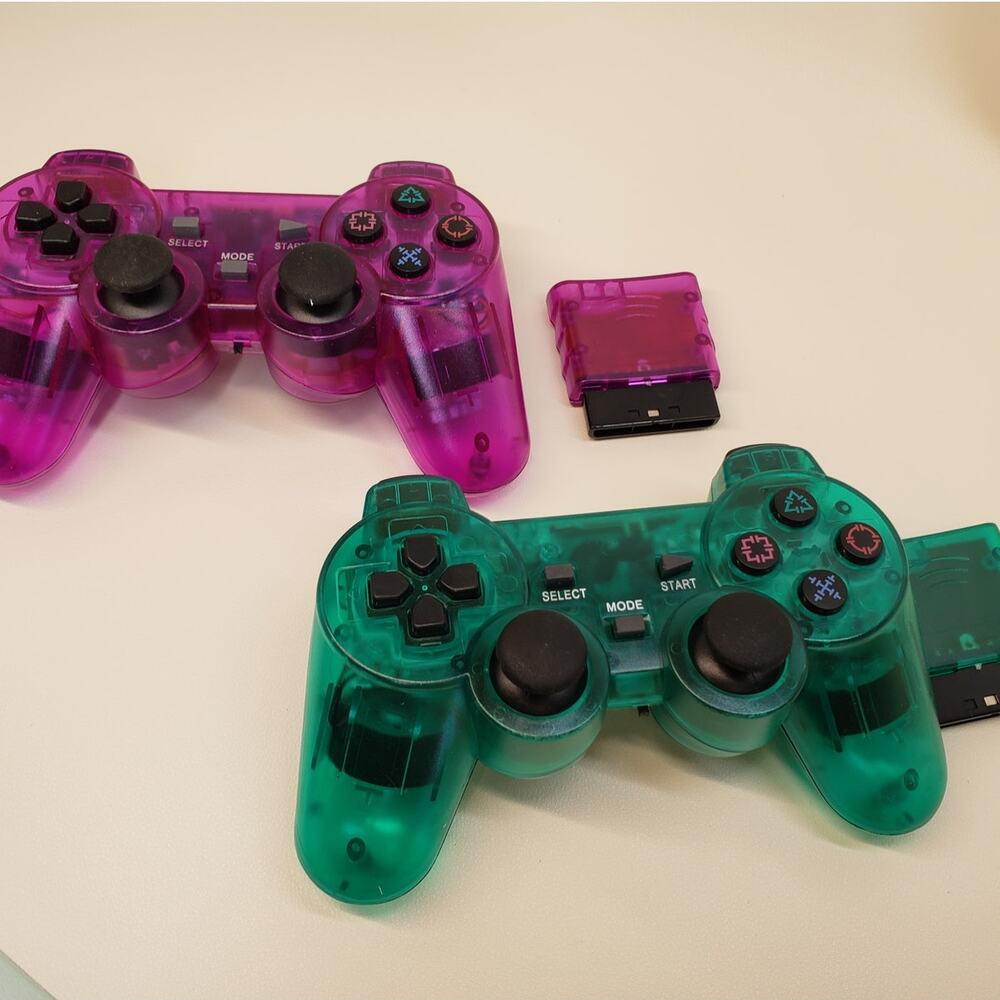 2 Pack Translucent Clear Pink & Green Wireless Controllers PS2 Style